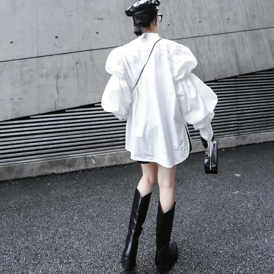 Daoko Pleated Puff Long Sleeve Shirt - White Women’s Fashion - Women’s Clothing - Blouses &amp; Shirts