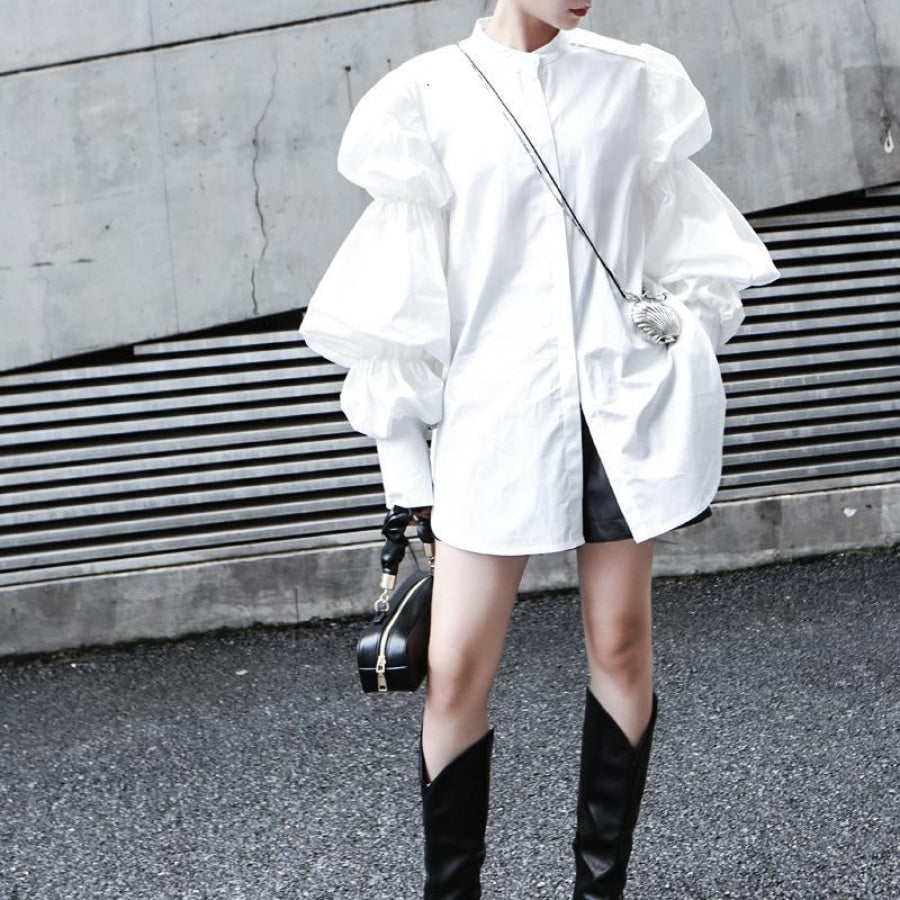 Daoko Pleated Puff Long Sleeve Shirt - White Women’s Fashion - Women’s Clothing - Blouses &amp; Shirts