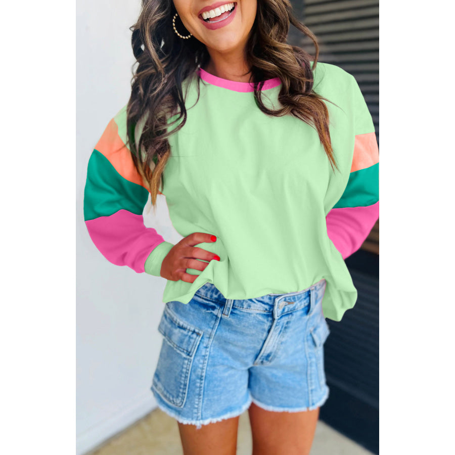 Dark Blue Colorblock Patchwork Long Sleeve Loose Top Green / S / 95% Cotton + 5% Elastane Tops/Long Sleeve Tops