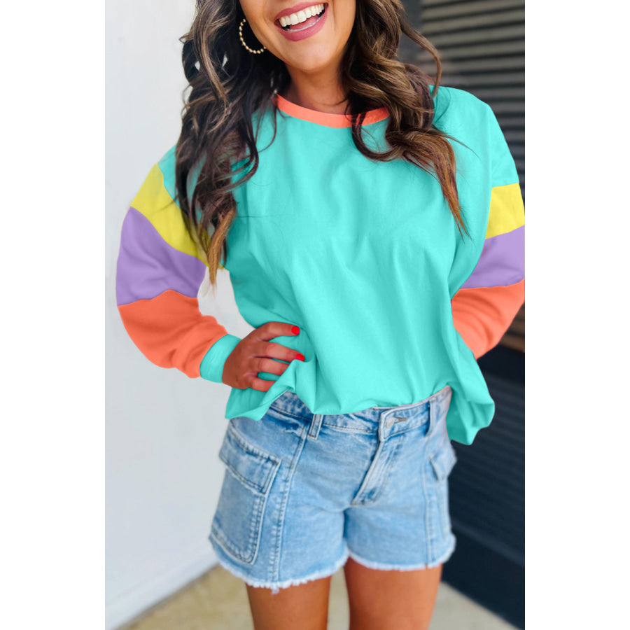 Dark Blue Colorblock Patchwork Long Sleeve Loose Top Light Blue / S / 95% Cotton + 5% Elastane Tops/Long Sleeve Tops