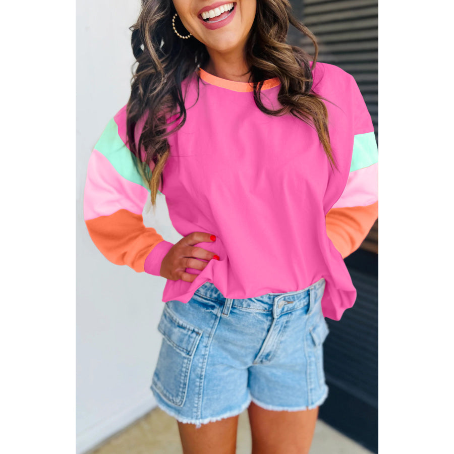 Dark Blue Colorblock Patchwork Long Sleeve Loose Top Tops/Long Sleeve Tops