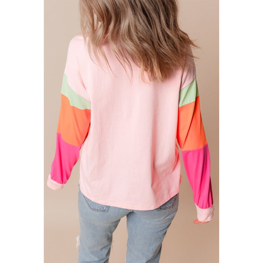 Dark Blue Colorblock Patchwork Long Sleeve Loose Top Tops/Long Sleeve Tops