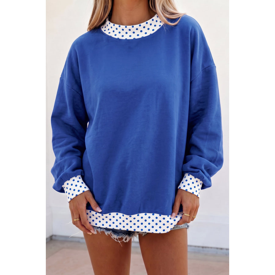 Dark Blue Colorblock Polka Dot Contrast Trim Oversized Sweatshirt / S / 50% Polyester + 50% Cotton Tops/Sweatshirts & Hoodies