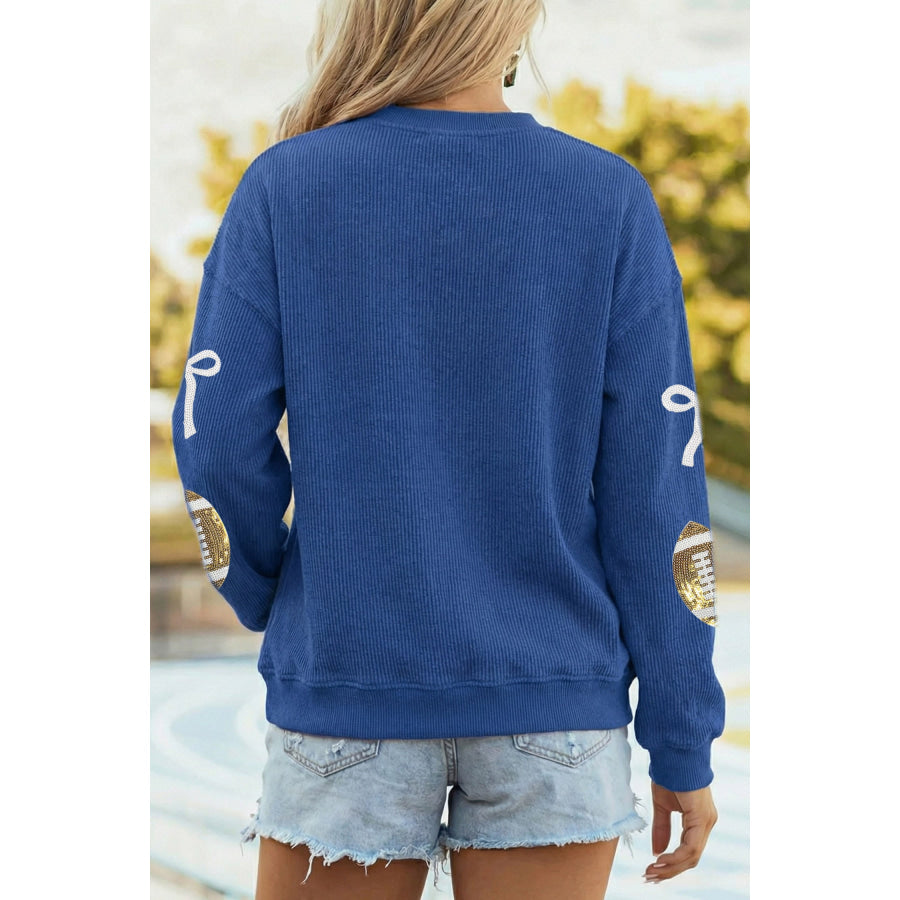 Dark Blue Corded Rib Sequin Rugby Bow Graphic Dropped Shoulder Sweatshirt Graphic/Graphic Sweatshirts