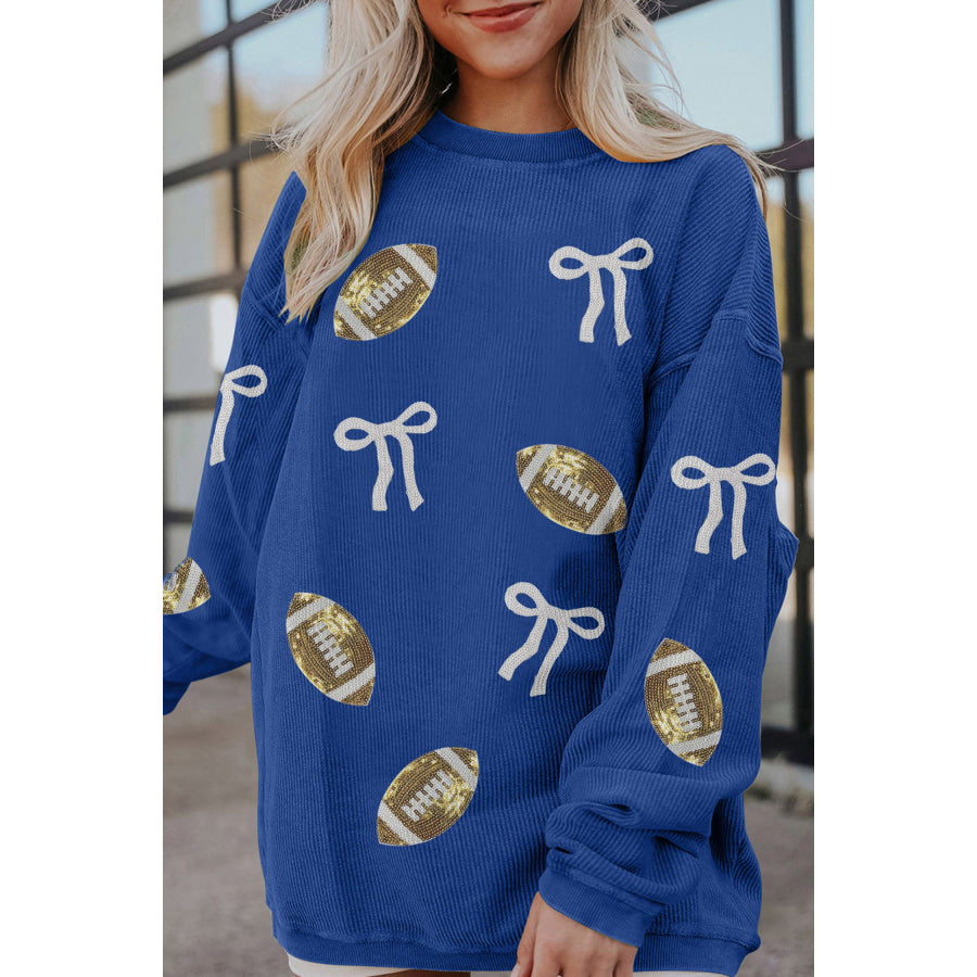 Dark Blue Corded Rib Sequin Rugby Bow Graphic Dropped Shoulder Sweatshirt Graphic/Graphic Sweatshirts
