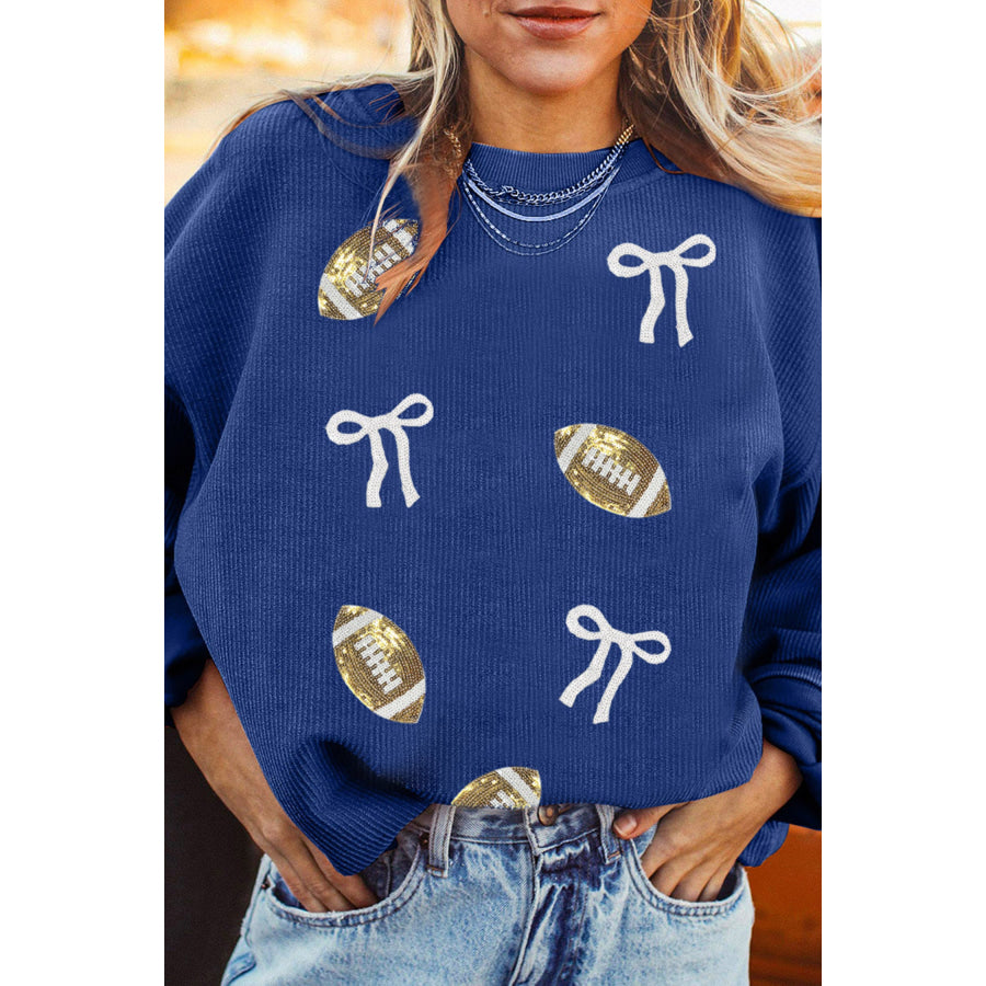 Dark Blue Corded Rib Sequin Rugby Bow Graphic Dropped Shoulder Sweatshirt Graphic/Graphic Sweatshirts