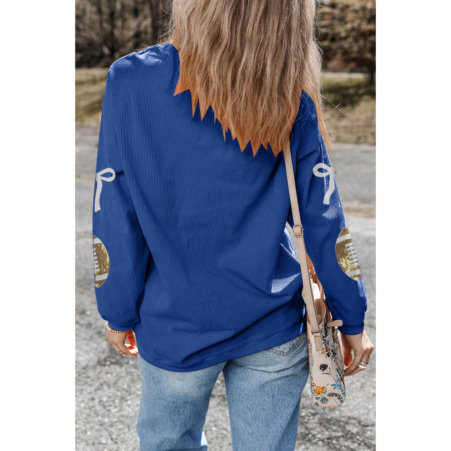 Dark Blue Corded Rib Sequin Rugby Bow Graphic Dropped Shoulder Sweatshirt Graphic/Graphic Sweatshirts