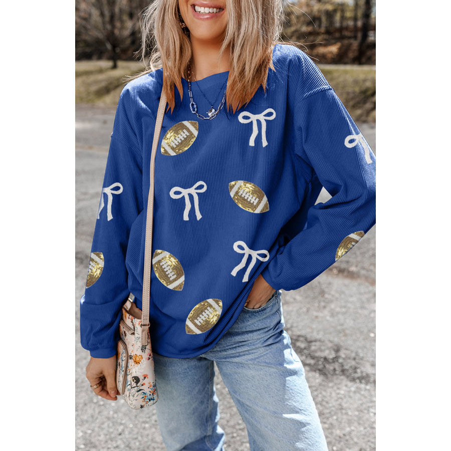 Dark Blue Corded Rib Sequin Rugby Bow Graphic Dropped Shoulder Sweatshirt Graphic/Graphic Sweatshirts