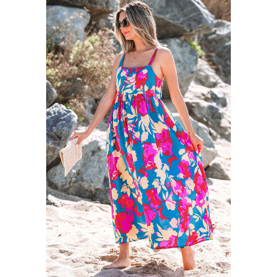 Dark Blue Floral High Waist Sleeveless Flared Long Dress Dresses/Floral Dresses