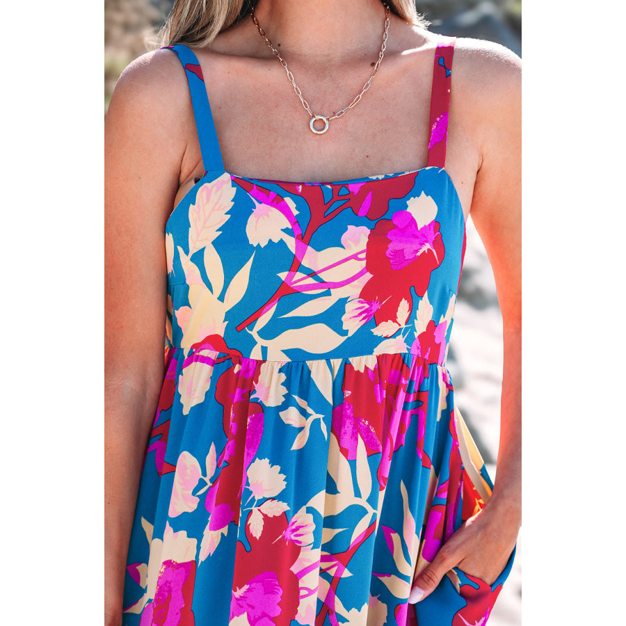 Dark Blue Floral High Waist Sleeveless Flared Long Dress Dresses/Floral Dresses
