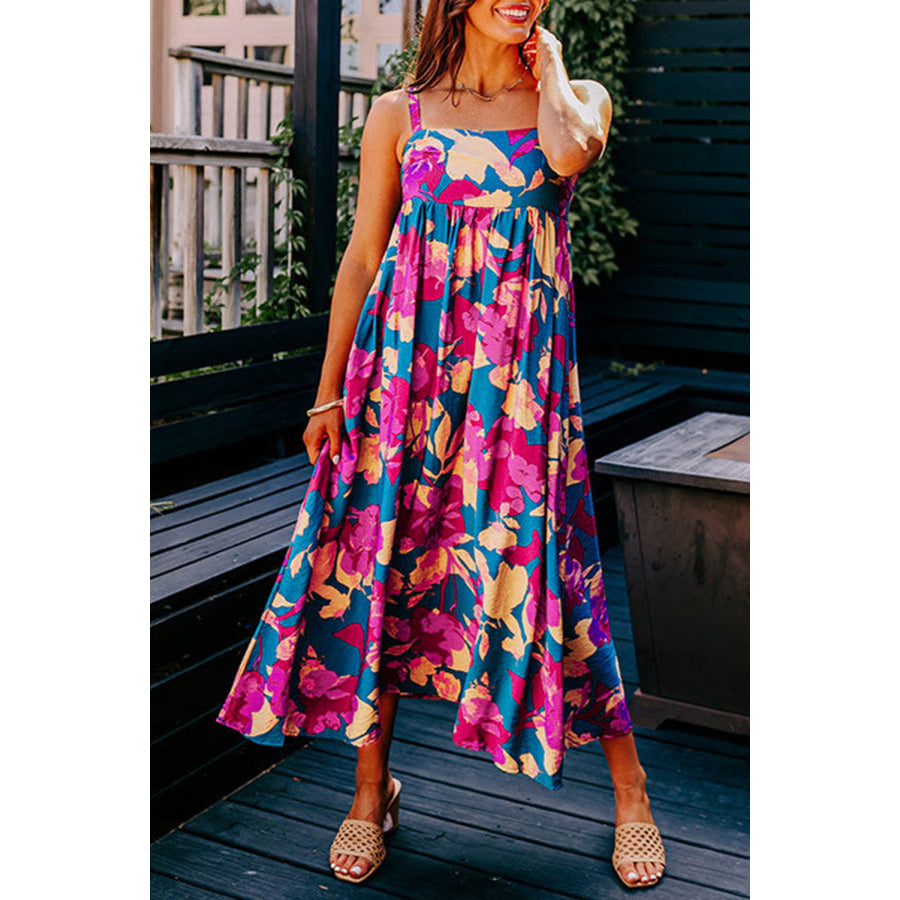 Dark Blue Floral High Waist Sleeveless Flared Long Dress Dresses/Floral Dresses