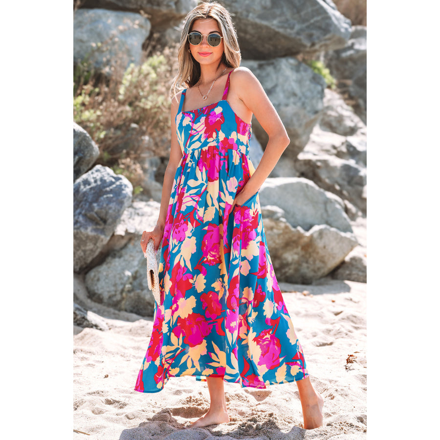 Dark Blue Floral High Waist Sleeveless Flared Long Dress Dresses/Floral Dresses