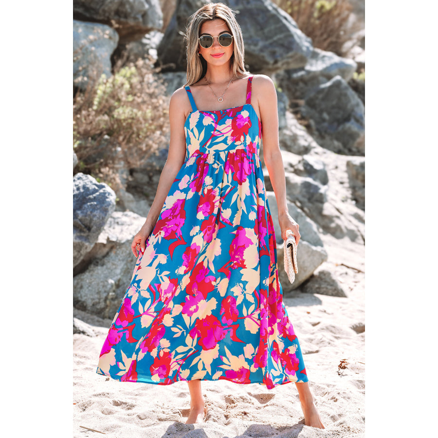 Dark Blue Floral High Waist Sleeveless Flared Long Dress Dresses/Floral Dresses