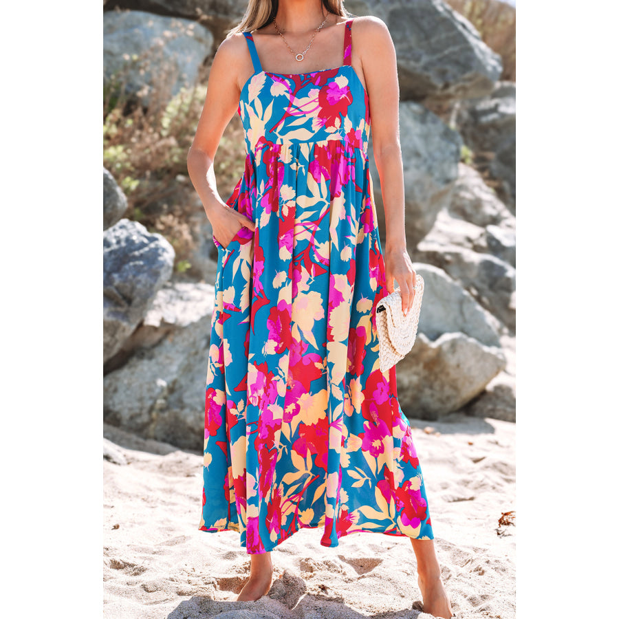 Dark Blue Floral High Waist Sleeveless Flared Long Dress Dresses/Floral Dresses