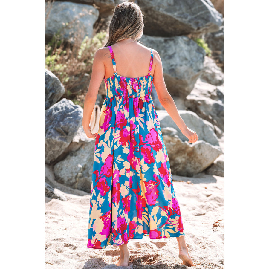 Dark Blue Floral High Waist Sleeveless Flared Long Dress Dresses/Floral Dresses