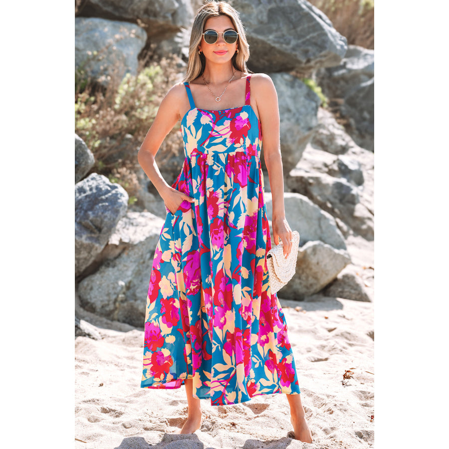 Dark Blue Floral High Waist Sleeveless Flared Long Dress Dark Blue / S / 100% Polyester Dresses/Floral Dresses