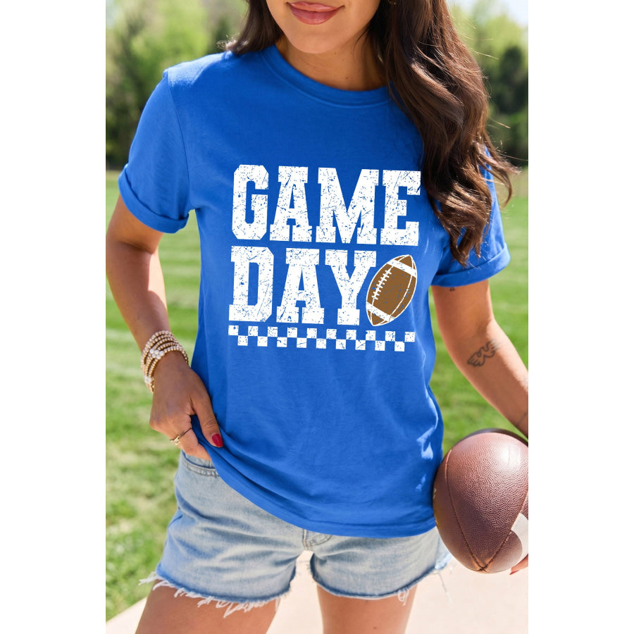 Dark Blue GAME DAY Checkered Print Rugby Graphic T Shirt Graphic/Graphic Tees
