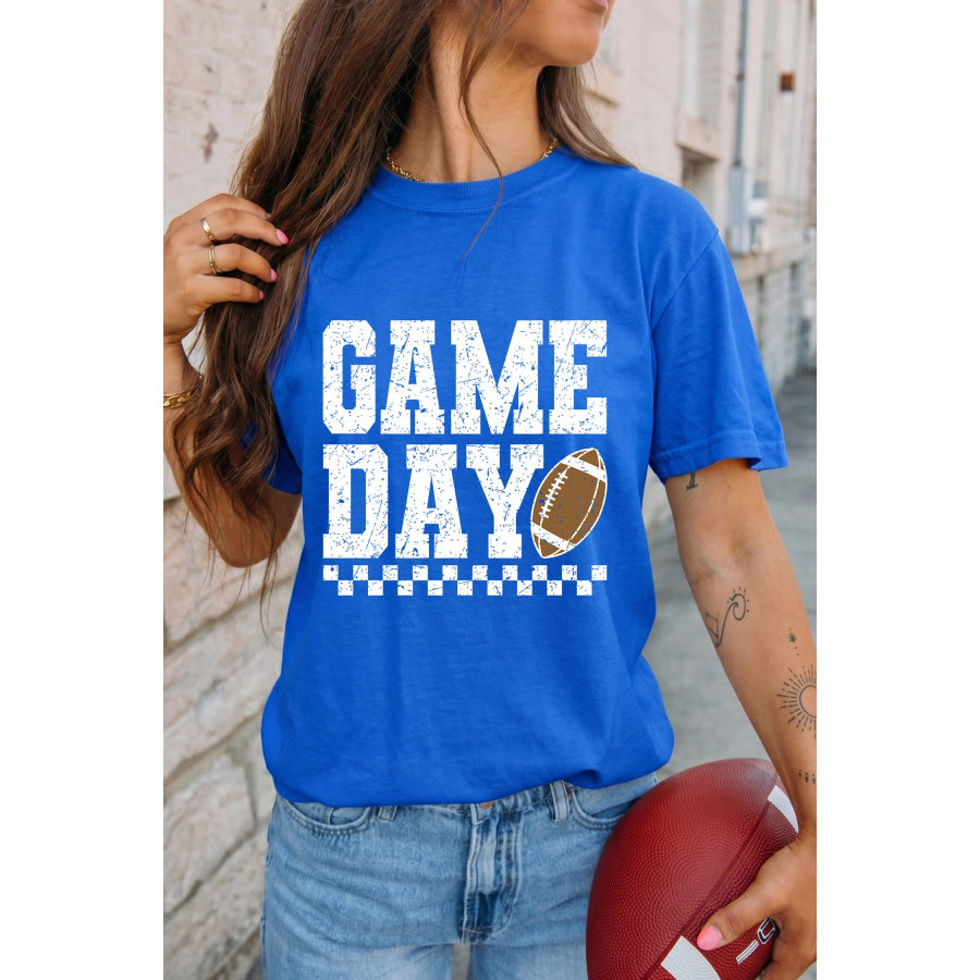 Dark Blue GAME DAY Checkered Print Rugby Graphic T Shirt Graphic/Graphic Tees
