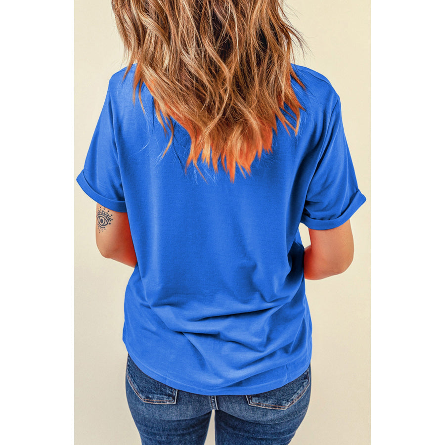 Dark Blue GAME DAY Checkered Print Rugby Graphic T Shirt Graphic/Graphic Tees