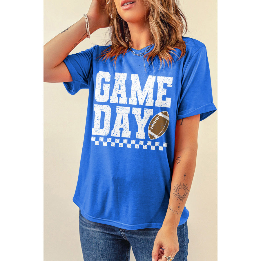 Dark Blue GAME DAY Checkered Print Rugby Graphic T Shirt Graphic/Graphic Tees