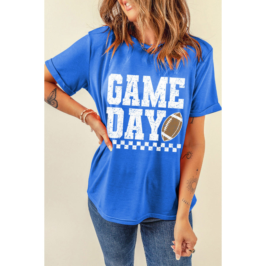 Dark Blue GAME DAY Checkered Print Rugby Graphic T Shirt Graphic/Graphic Tees