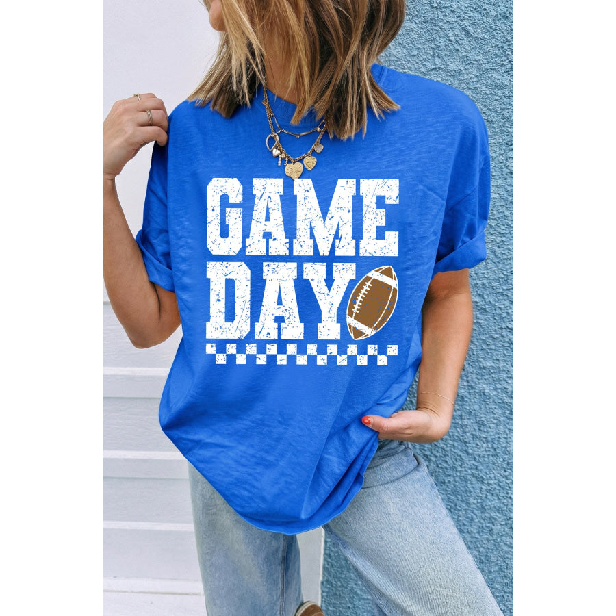 Dark Blue GAME DAY Checkered Print Rugby Graphic T Shirt Dark Blue / S / 62% Polyester + 32% Cotton + 6% Elastane Graphic/Graphic Tees