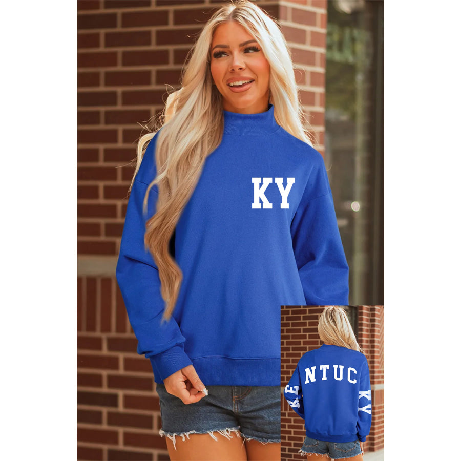 Dark Blue KY KENTUCKY Printed Mock Neck Sweatshirt Dark Blue / S / 50% Polyester + 50% Cotton Graphic/Graphic Sweatshirts