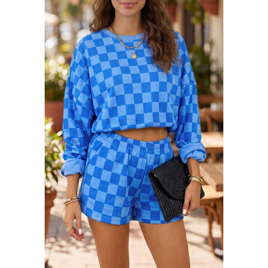 Dark Blue Plaid Checkered Long Sleeve Crop Top Elastic Waist Shorts Two Piece Set Dark Blue / S / 95% Polyester + 5% Elastane Two Piece