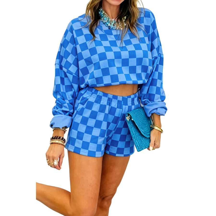 Dark Blue Plaid Checkered Long Sleeve Crop Top Elastic Waist Shorts Two Piece Set Two Piece Sets/Short Sets