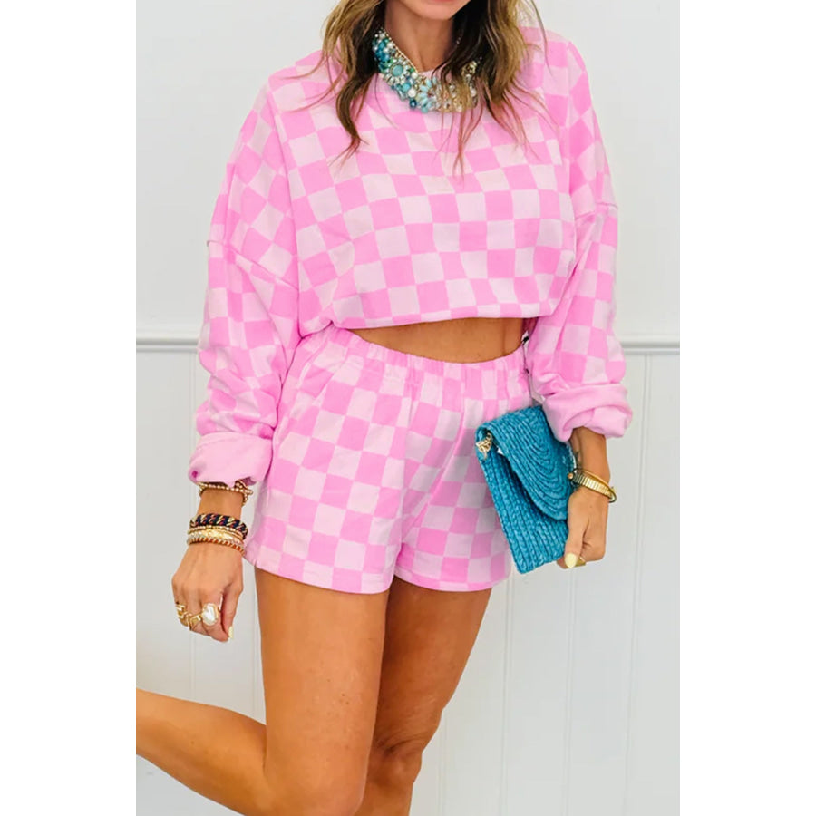 Dark Blue Plaid Checkered Long Sleeve Crop Top Elastic Waist Shorts Two Piece Set Two Piece Sets/Short Sets