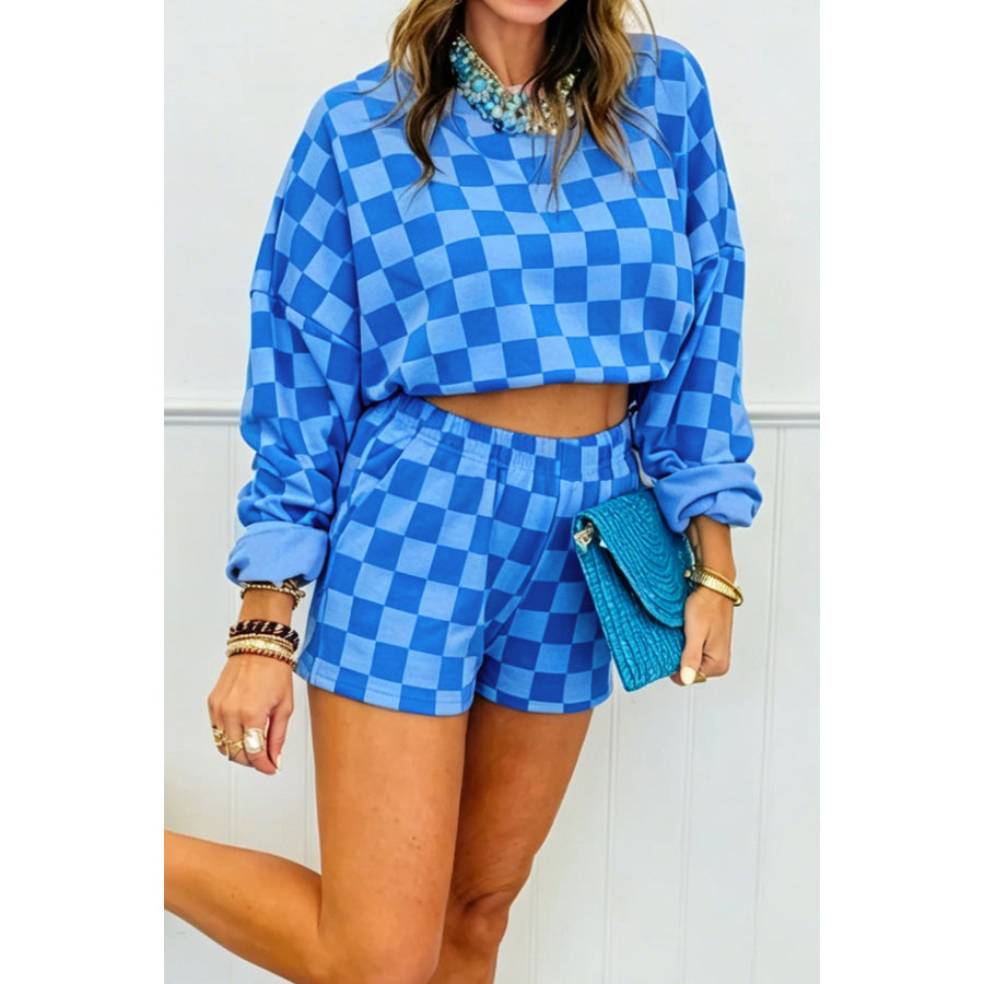 Dark Blue Plaid Checkered Long Sleeve Crop Top Elastic Waist Shorts Two Piece Set Two Piece Sets/Short Sets