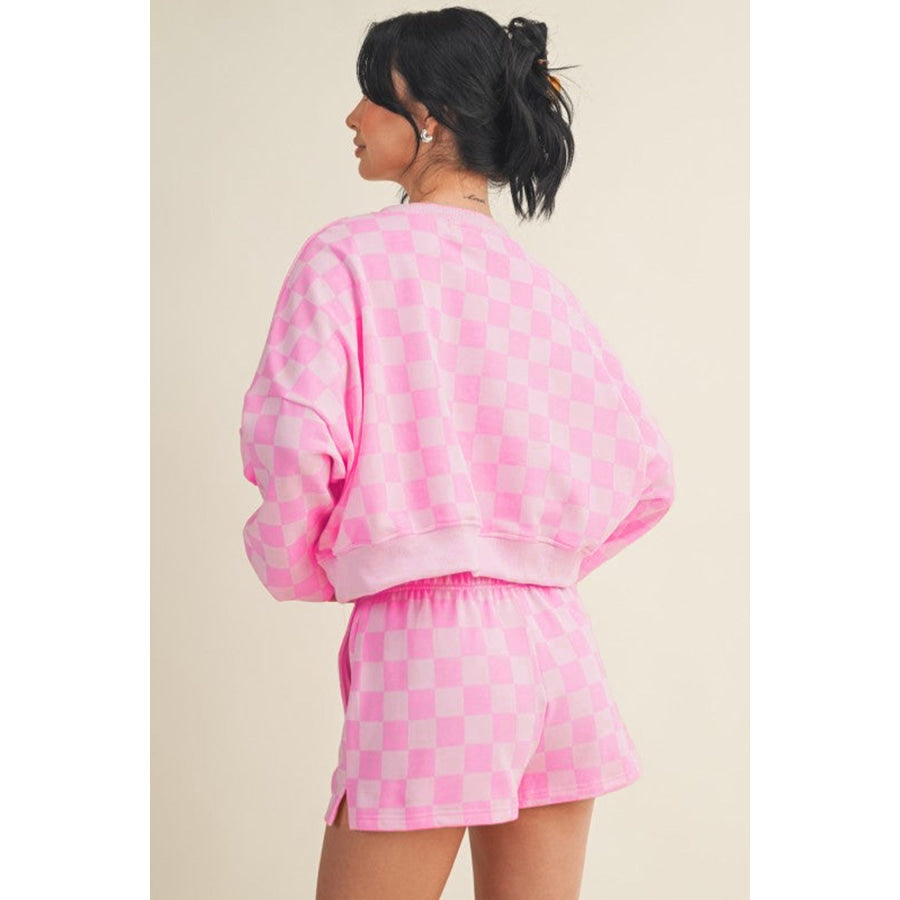 Dark Blue Plaid Checkered Long Sleeve Crop Top Elastic Waist Shorts Two Piece Set Two Piece Sets/Short Sets