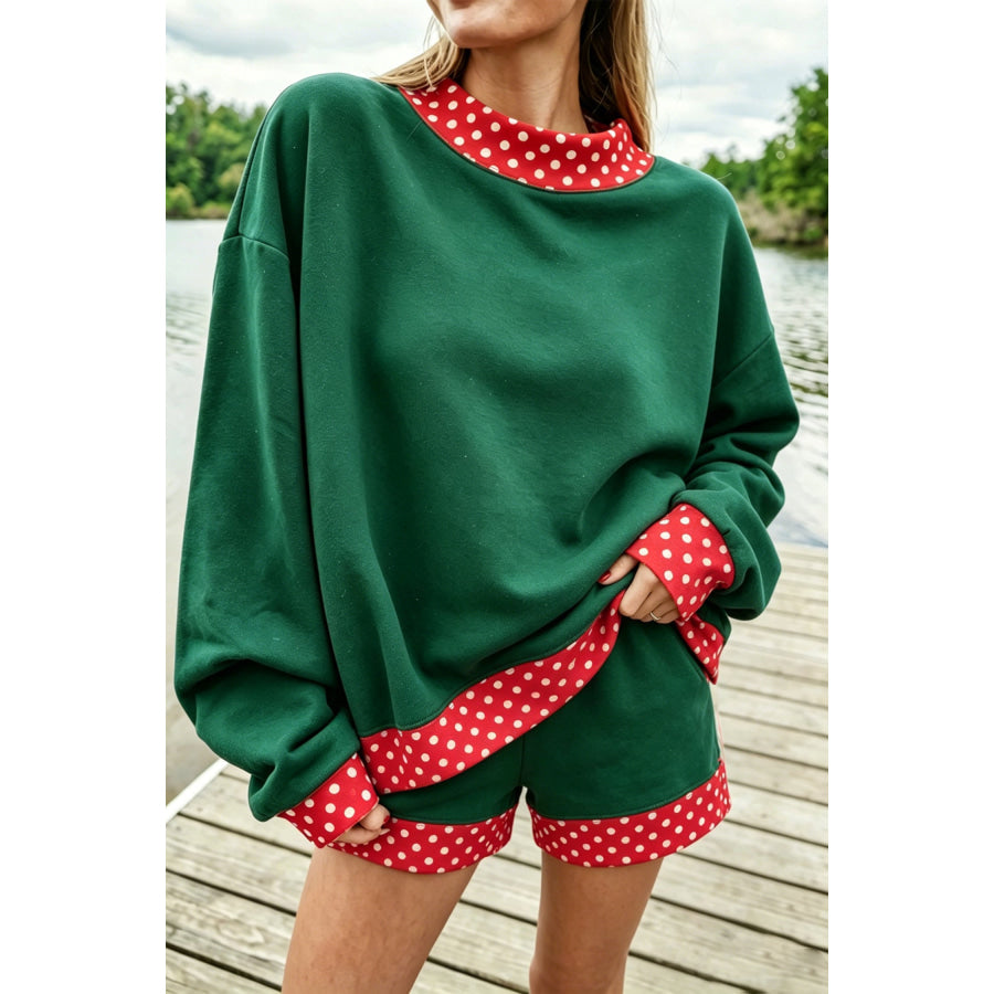 Dark Blue Polka Dot Trim Baggy Pullover 2pcs Short Set Evergreen / S / 50% Polyester + 50% Cotton Two Piece Sets/Short Sets