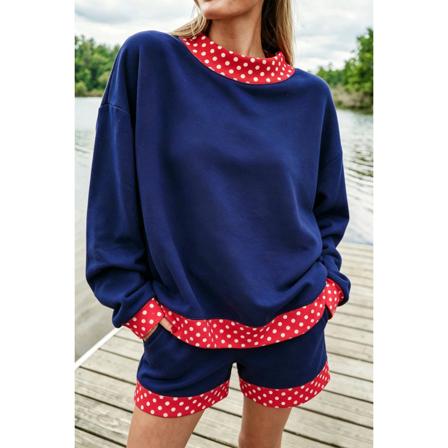 Dark Blue Polka Dot Trim Baggy Pullover 2pcs Short Set Navy Blue / S / 50% Polyester + 50% Cotton Two Piece Sets/Short Sets