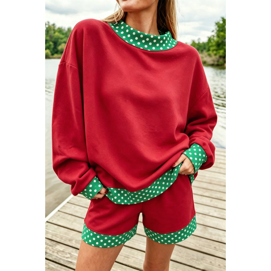 Dark Blue Polka Dot Trim Baggy Pullover 2pcs Short Set Racing Red / S / 50% Polyester + 50% Cotton Two Piece Sets/Short Sets