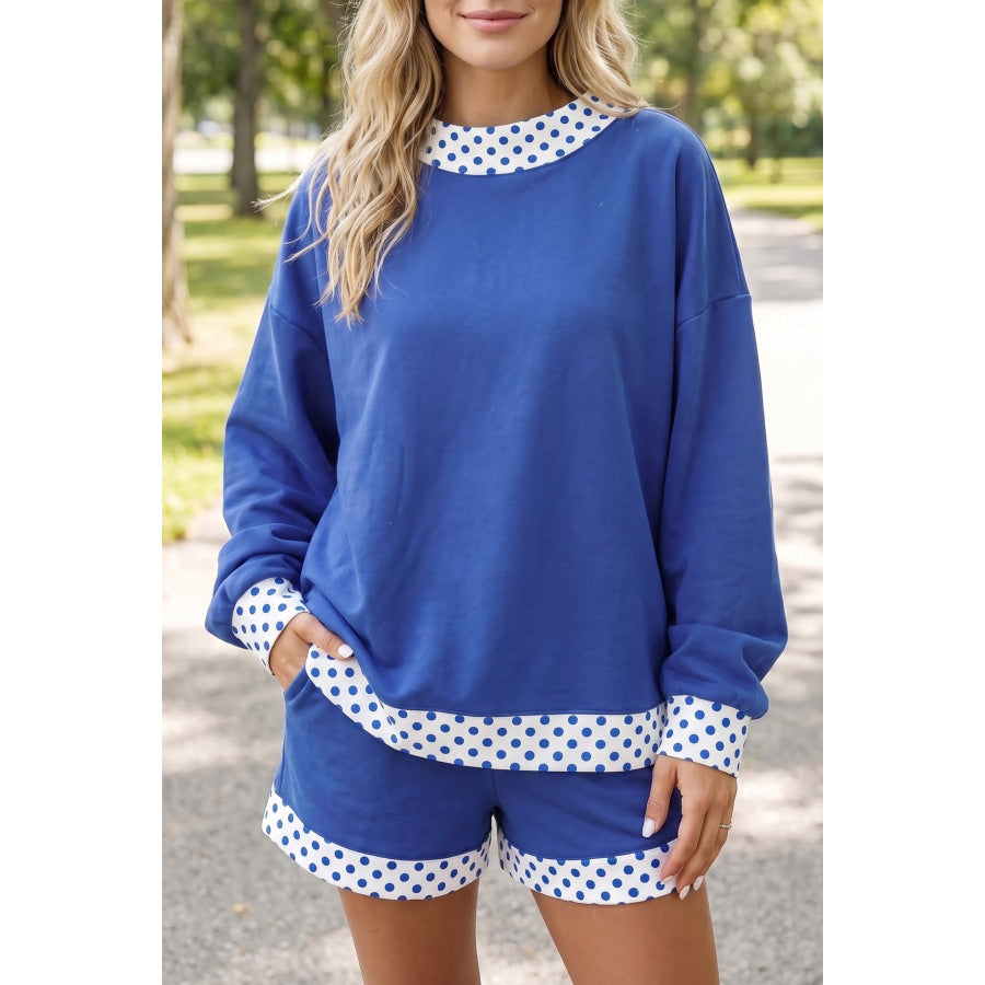Dark Blue Polka Dot Trim Baggy Pullover 2pcs Short Set Dark Blue / S / 50% Polyester + 50% Cotton Two Piece Sets/Short Sets