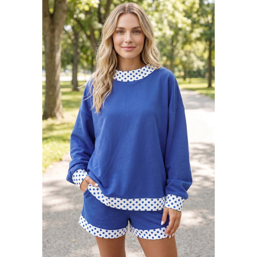 Dark Blue Polka Dot Trim Baggy Pullover 2pcs Short Set Two Piece Sets/Short Sets