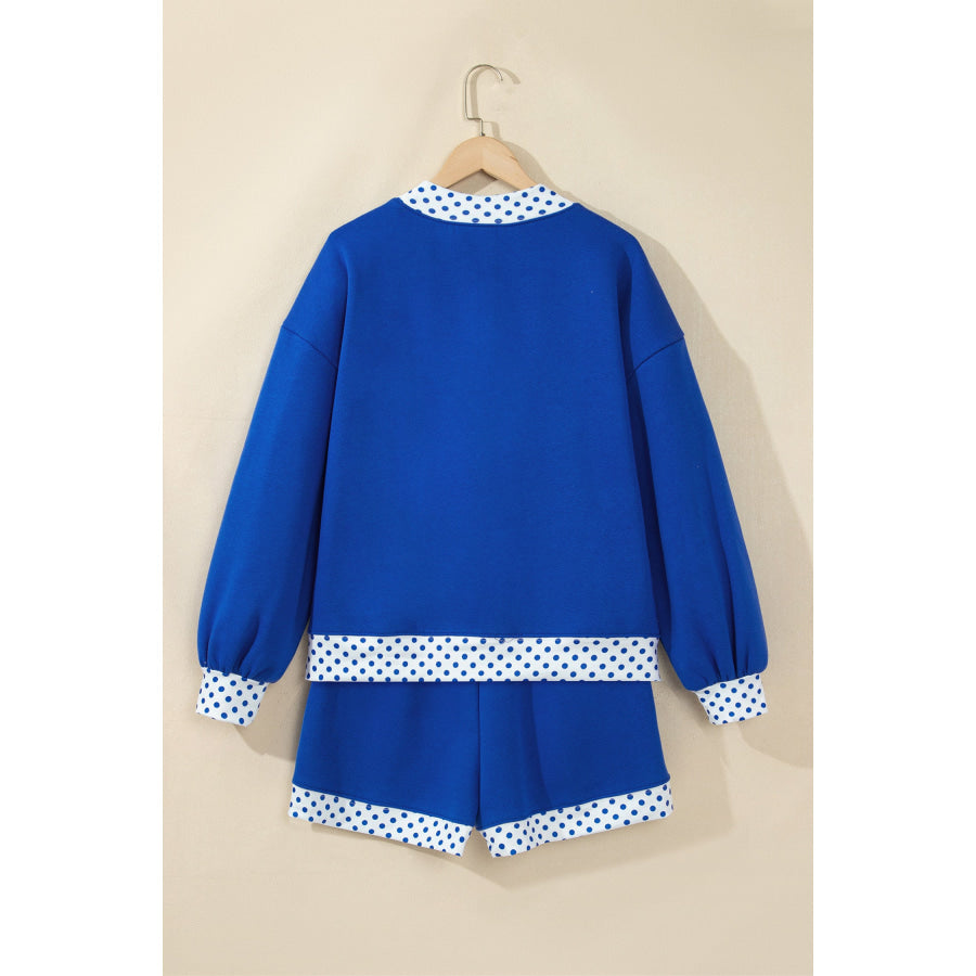 Dark Blue Polka Dot Trim Baggy Pullover 2pcs Short Set Two Piece Sets/Short Sets