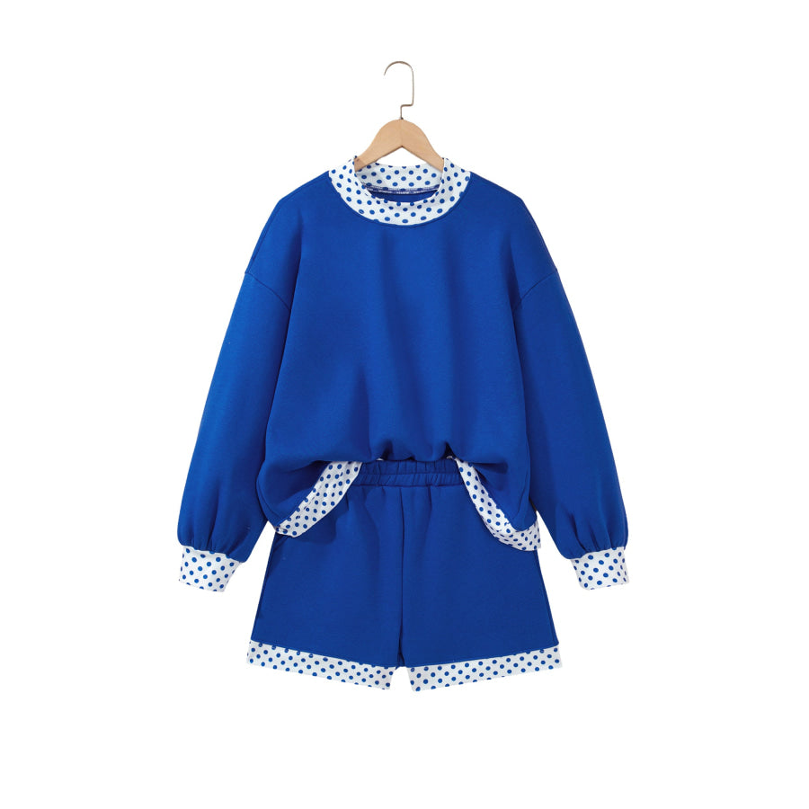 Dark Blue Polka Dot Trim Baggy Pullover 2pcs Short Set Two Piece Sets/Short Sets