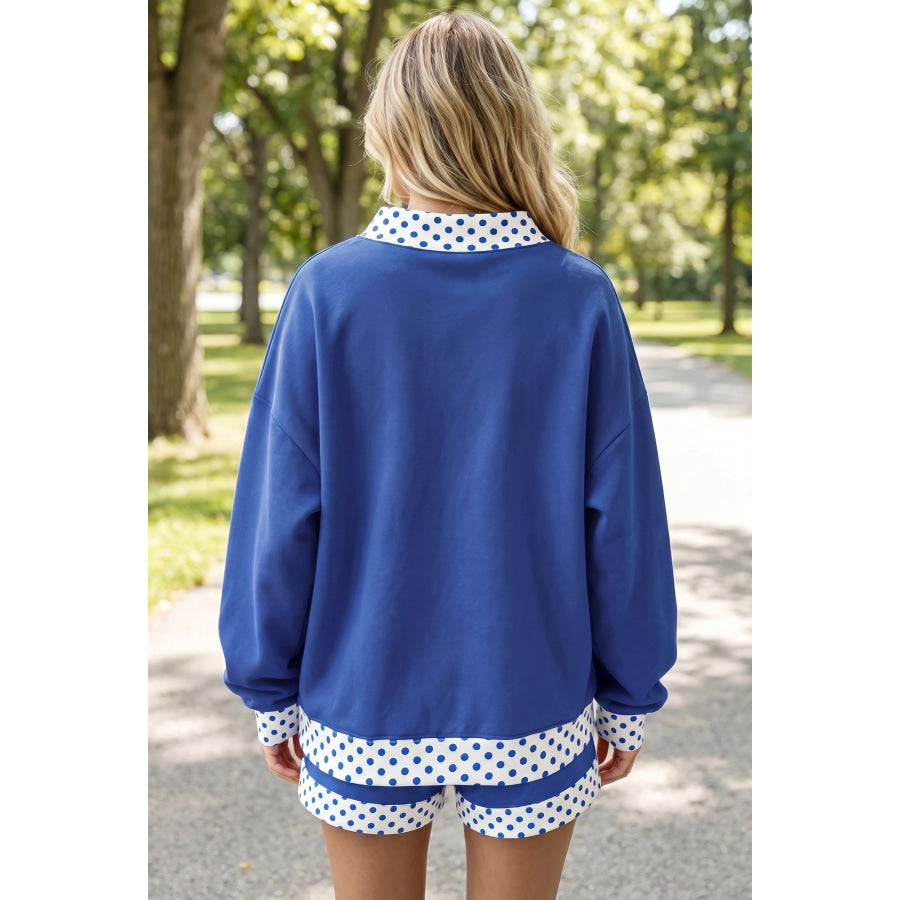 Dark Blue Polka Dot Trim Baggy Pullover 2pcs Short Set Dark Blue / S / 50% Polyester + 50% Cotton Two Piece Sets/Short Sets