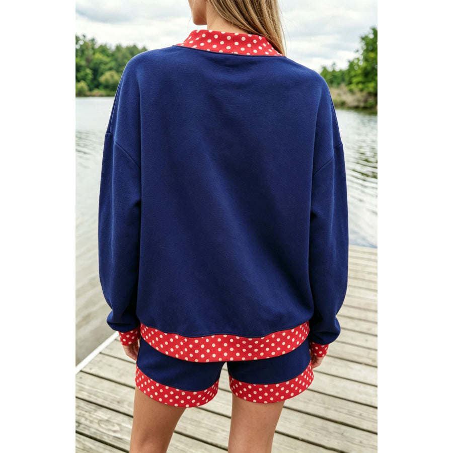 Dark Blue Polka Dot Trim Baggy Pullover 2pcs Short Set Two Piece Sets/Short Sets