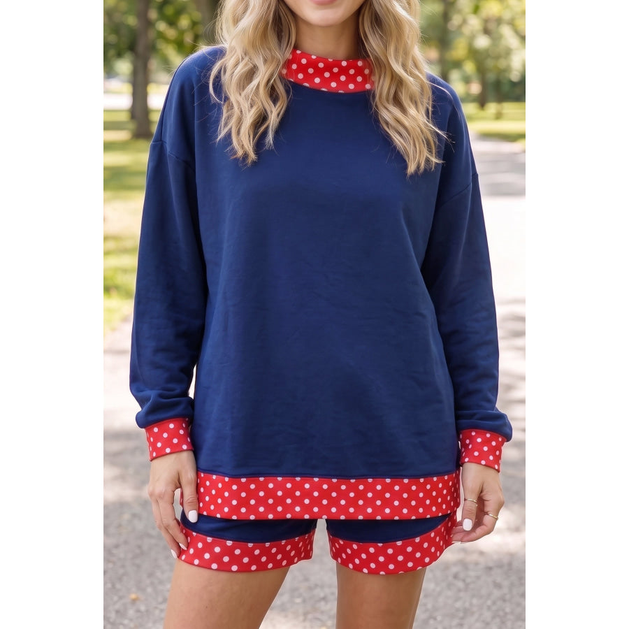 Dark Blue Polka Dot Trim Baggy Pullover 2pcs Short Set Two Piece Sets/Short Sets