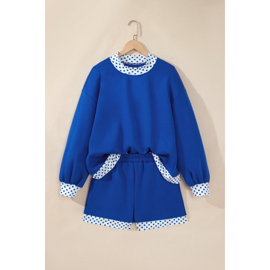 Dark Blue Polka Dot Trim Baggy Pullover 2pcs Short Set Two Piece Sets/Short Sets