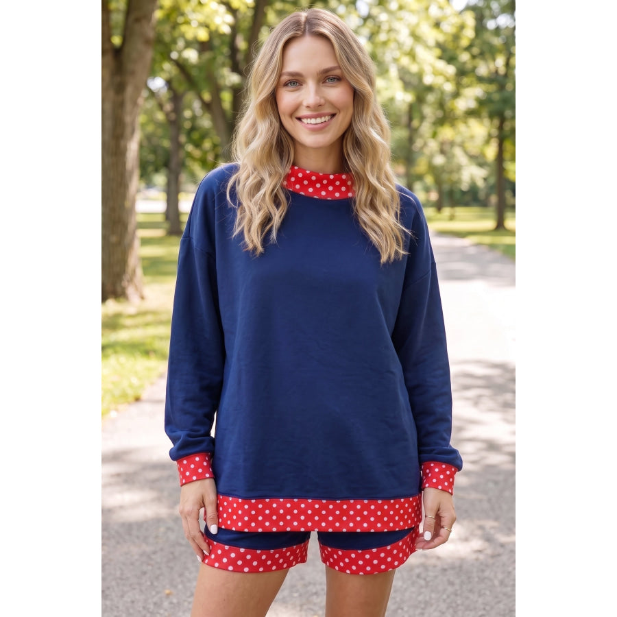 Dark Blue Polka Dot Trim Baggy Pullover 2pcs Short Set Two Piece Sets/Short Sets