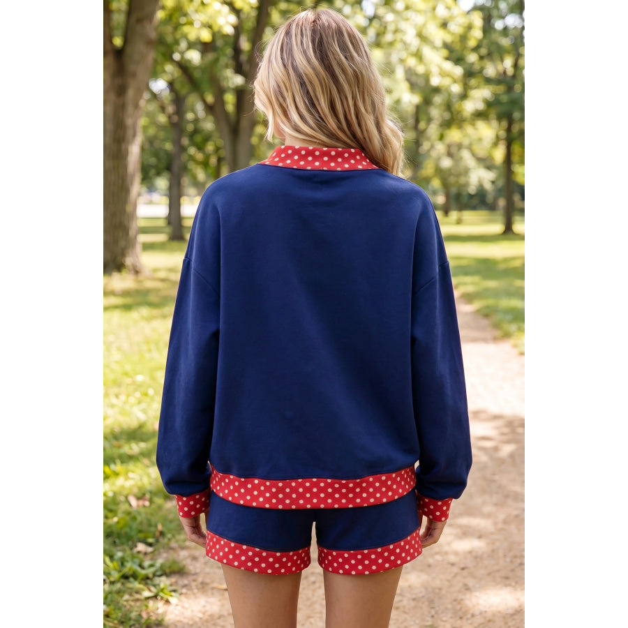 Dark Blue Polka Dot Trim Baggy Pullover 2pcs Short Set Two Piece Sets/Short Sets