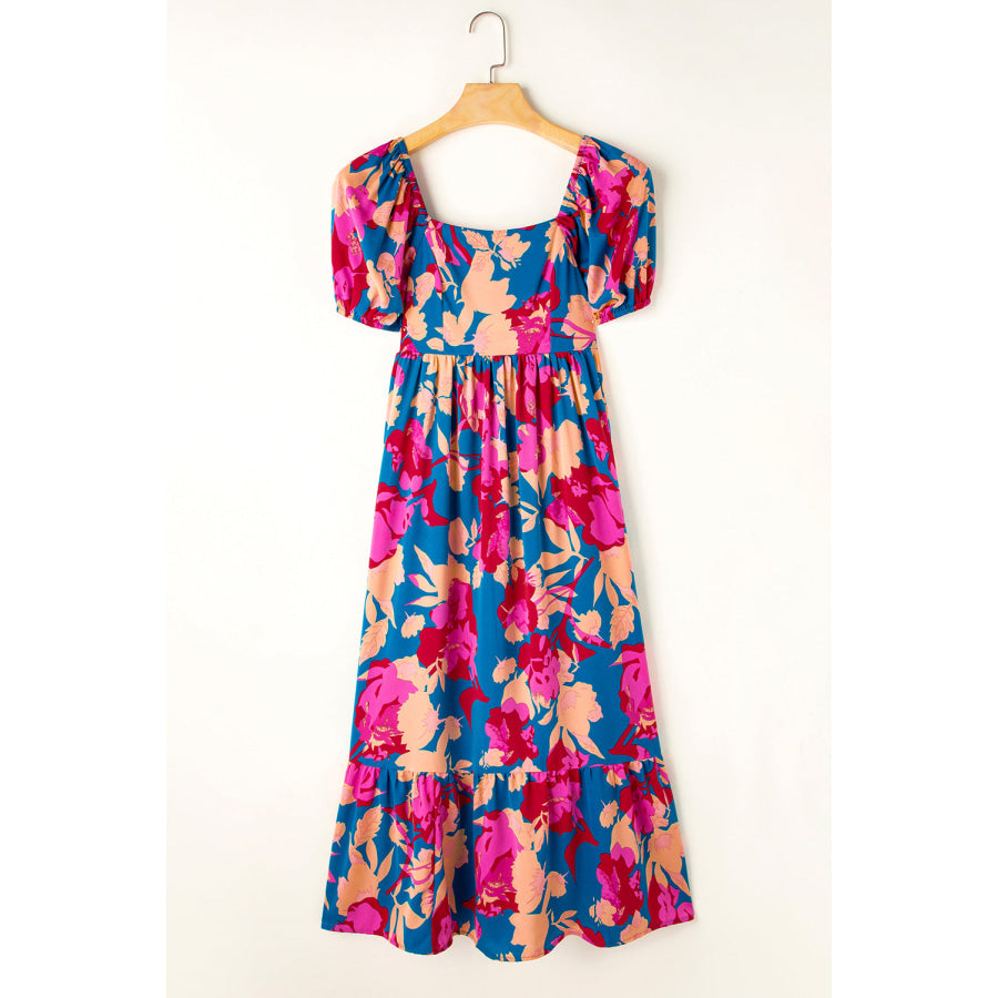 Dark Blue Square Neck Bubble Sleeve Ruffled Floral Dress Dresses/Floral Dresses