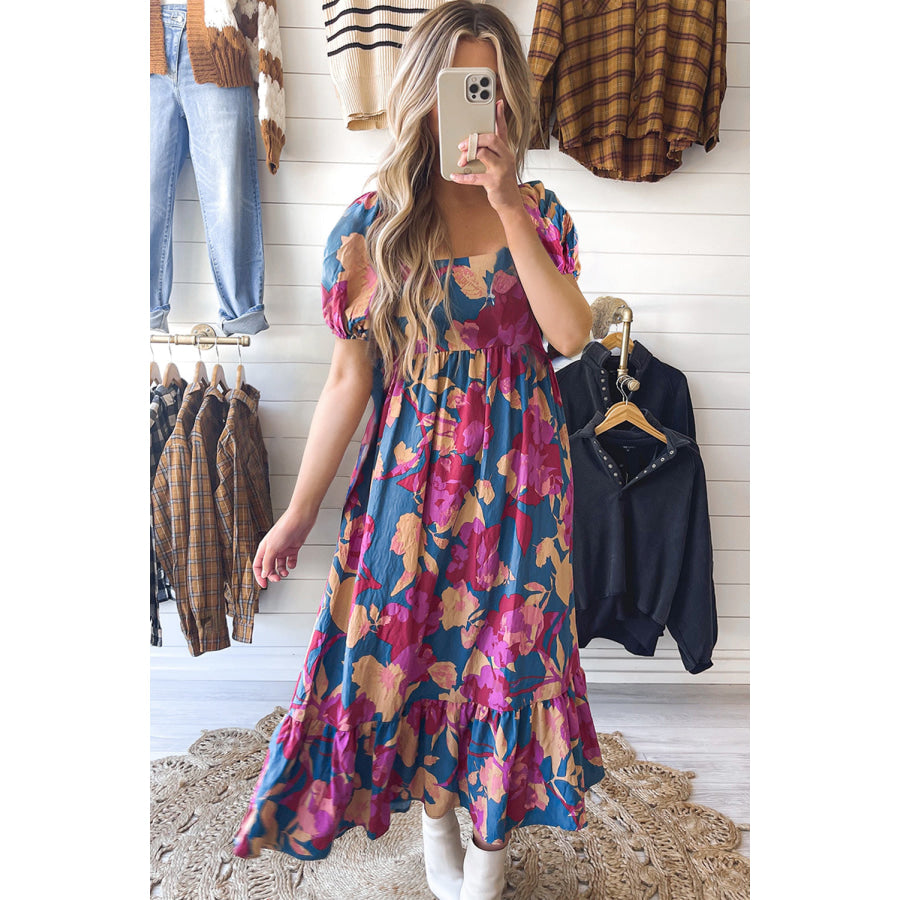 Dark Blue Square Neck Bubble Sleeve Ruffled Floral Dress Dresses/Floral Dresses