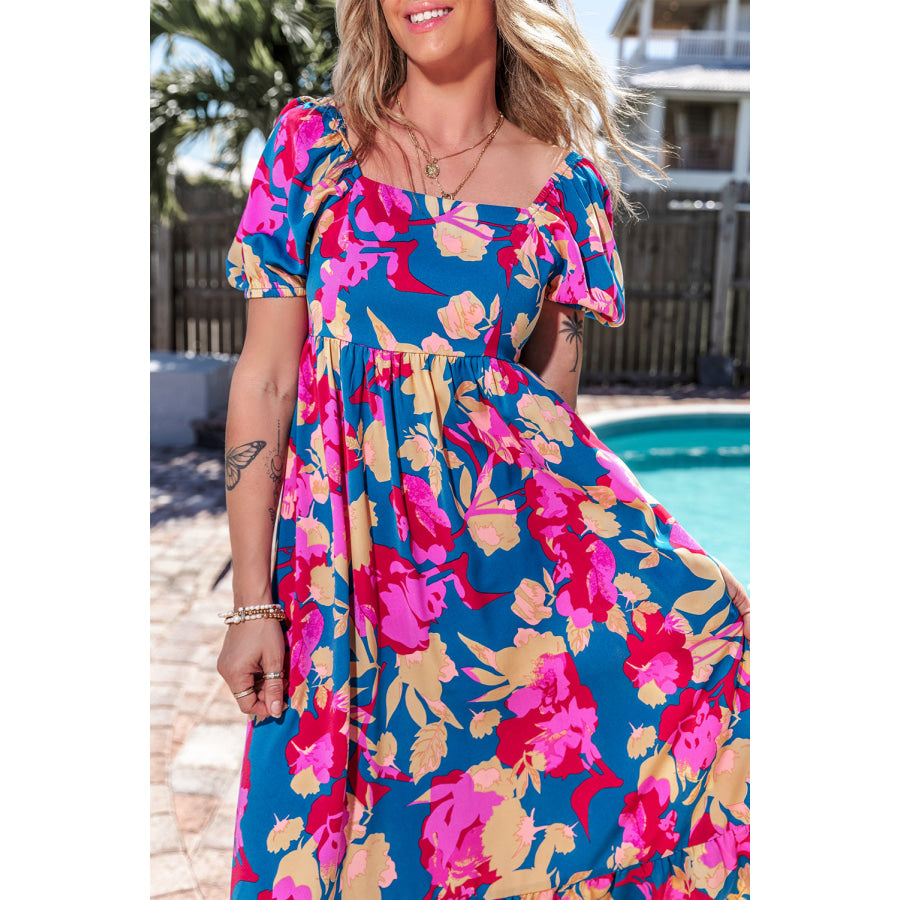 Dark Blue Square Neck Bubble Sleeve Ruffled Floral Dress Dresses/Floral Dresses