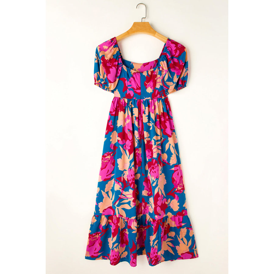 Dark Blue Square Neck Bubble Sleeve Ruffled Floral Dress Dresses/Floral Dresses