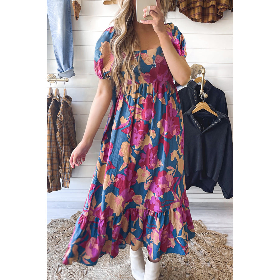 Dark Blue Square Neck Bubble Sleeve Ruffled Floral Dress Dresses/Floral Dresses